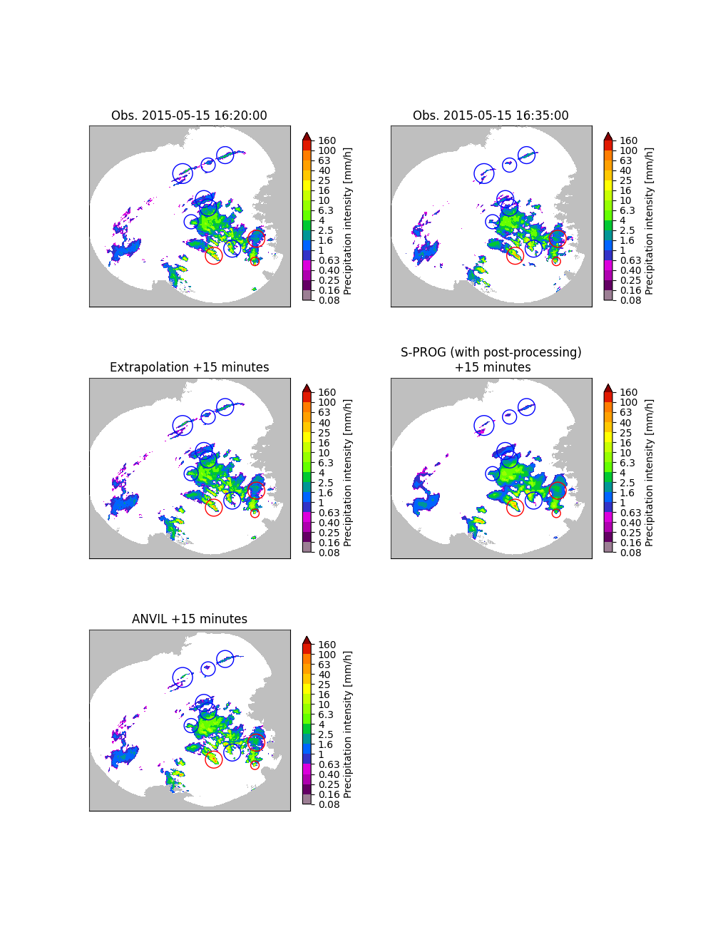 Obs. 2015-05-15 16:20:00, Obs. 2015-05-15 16:35:00, Extrapolation +15 minutes, S-PROG (with post-processing) +15 minutes, ANVIL +15 minutes
