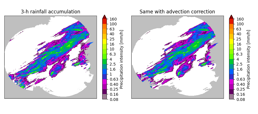 3-h rainfall accumulation, Same with advection correction